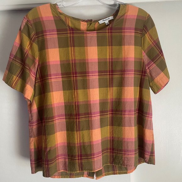 Madewell Tops - Madewell Boxy Button Back Short Sleeve Top Orange Plaid Blouse Top M